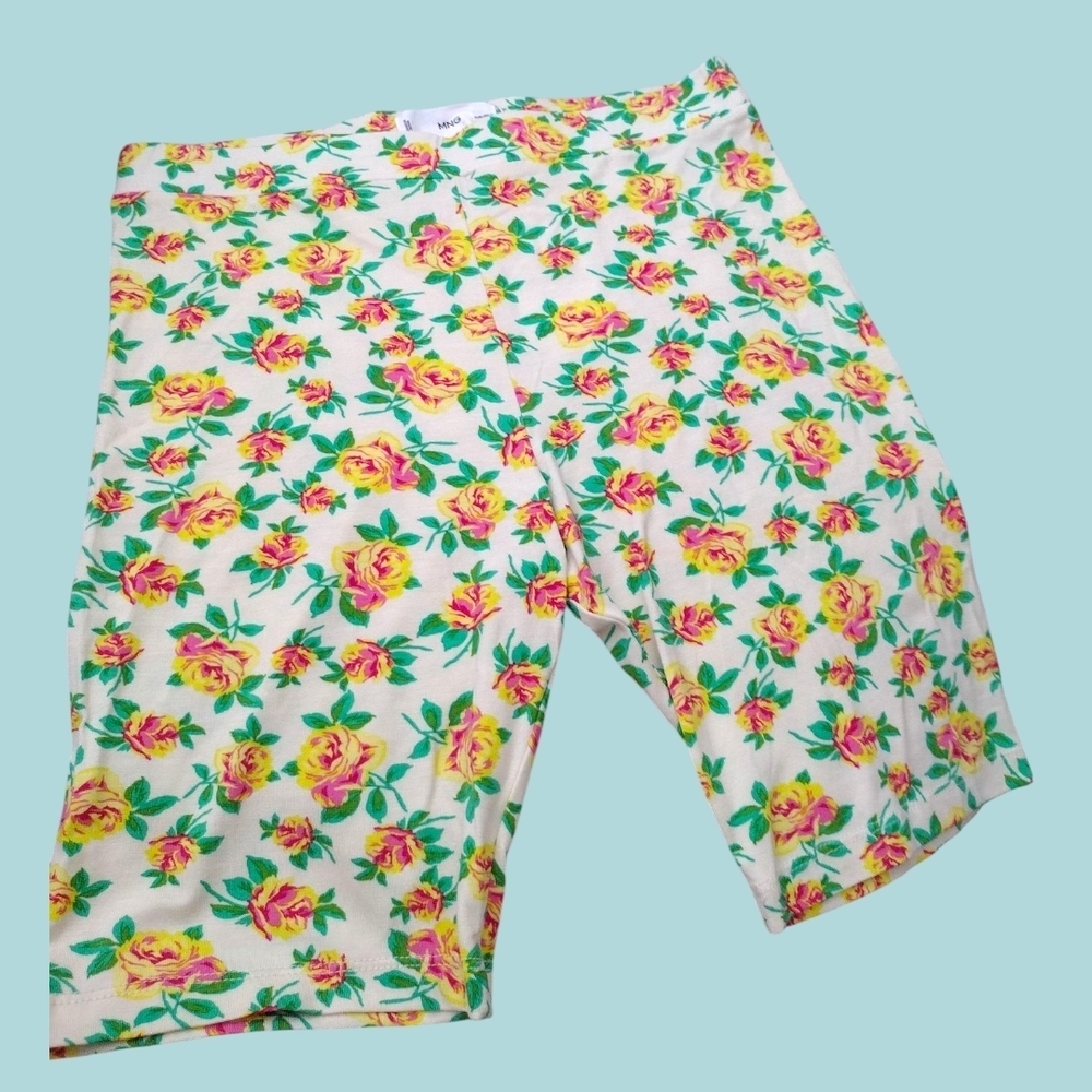 NWT Mango Turquoise Bike Shorts with Sunset Flowers Pattern Sz M - Picture 4 of 4